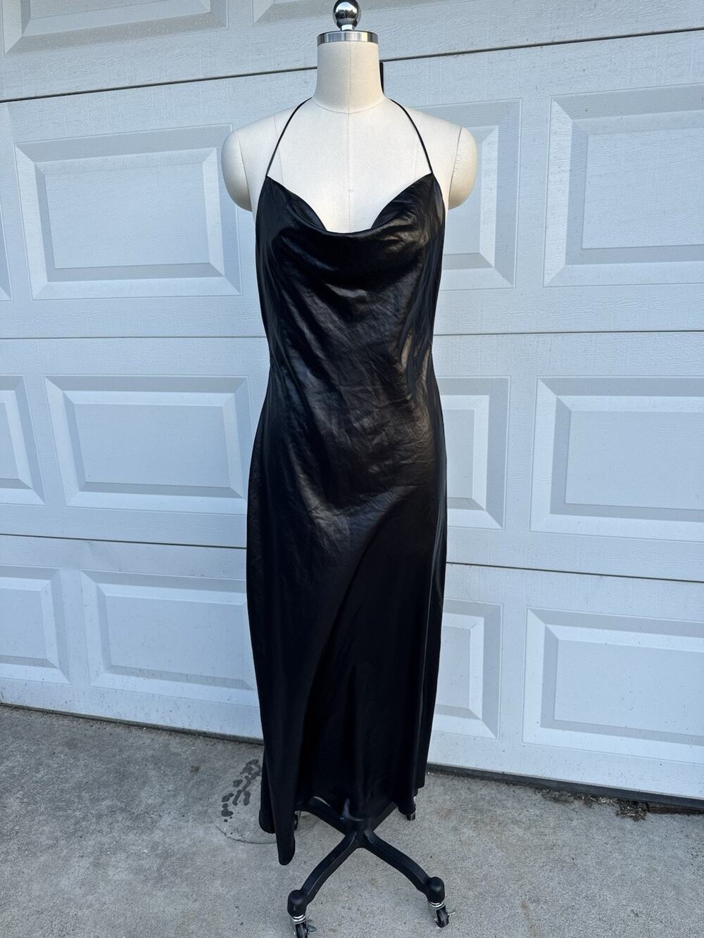 Zara Black Slip Maxi Dress Coated Shine Sz L Open Back